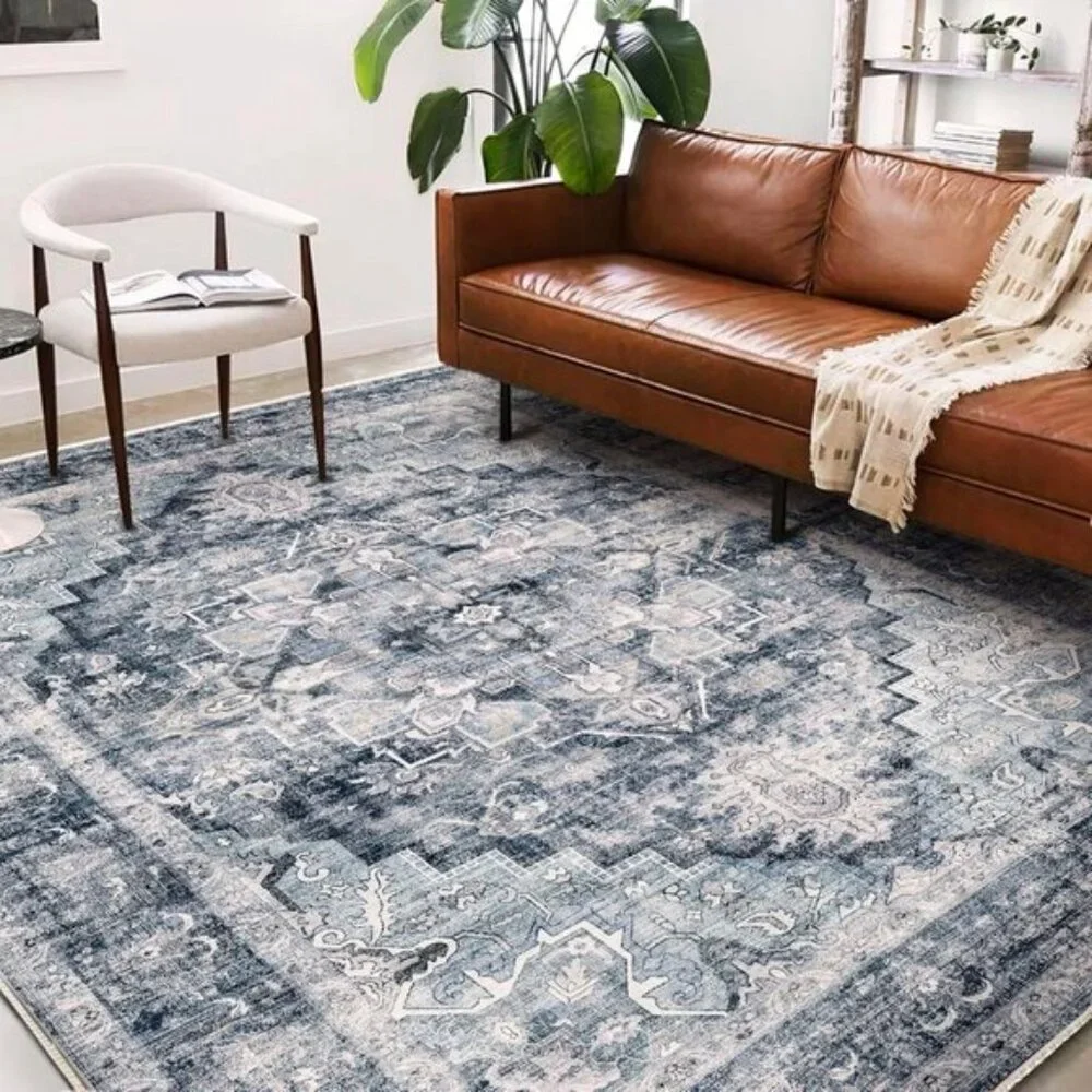 New 6x9 Dark Blue Vintage Rug, Washable Non-Slip Carpet for Home or Room Decor